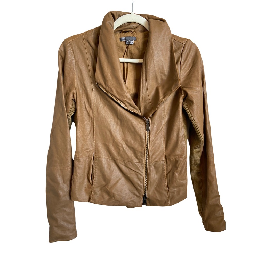 Vince Tan Goat Leather Asymmetric Moto Jacket Ribbed Knit Panels S